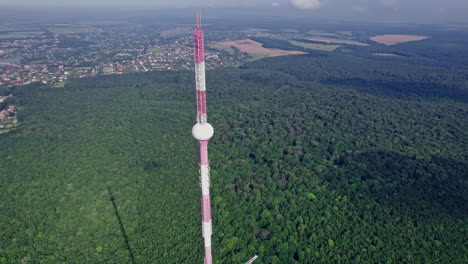 drone aerial panorama view television tower from above