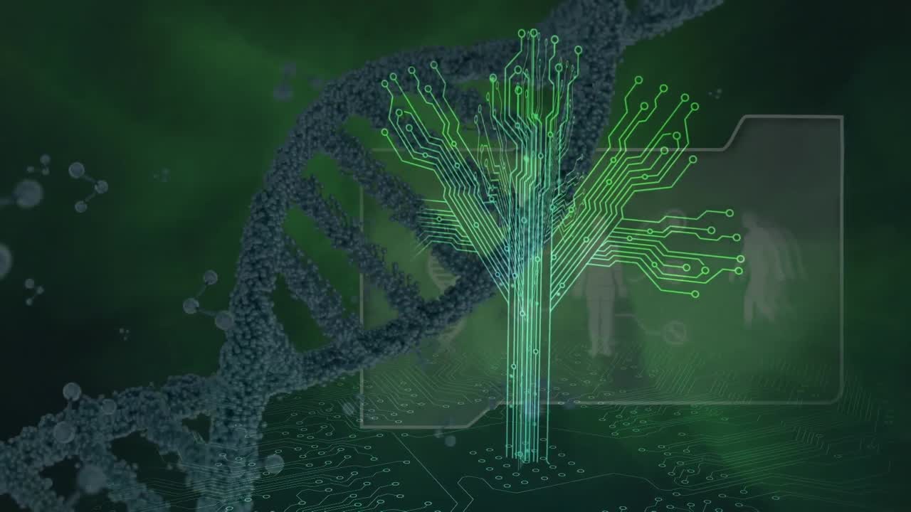 animación de la cadena de adn sobre columnas móviles y cerebro digital