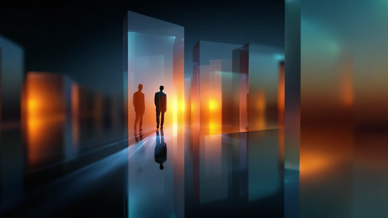 A solitary figure walks through a surreal, reflective landscape of translucent panels illuminated by warm hues, evoking a sense of journey and introspection
