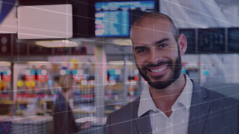 animation of graphs and increasing numbers over smiling biracial businessman holding boarding pass