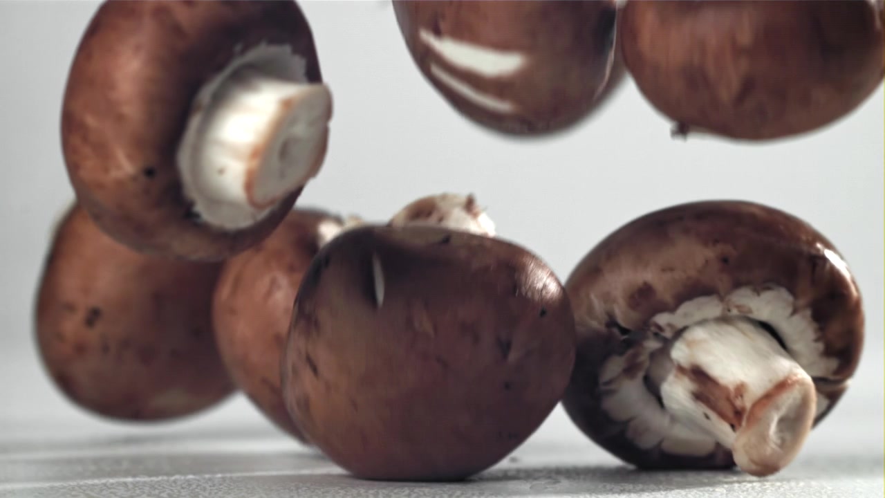 Fresh Brown Cremini Mushrooms Falling in Slow Motion on White Background