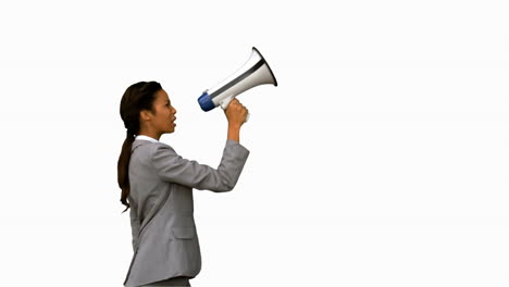 Businesswoman-shouting-into-a-megaphone-on-white-screen