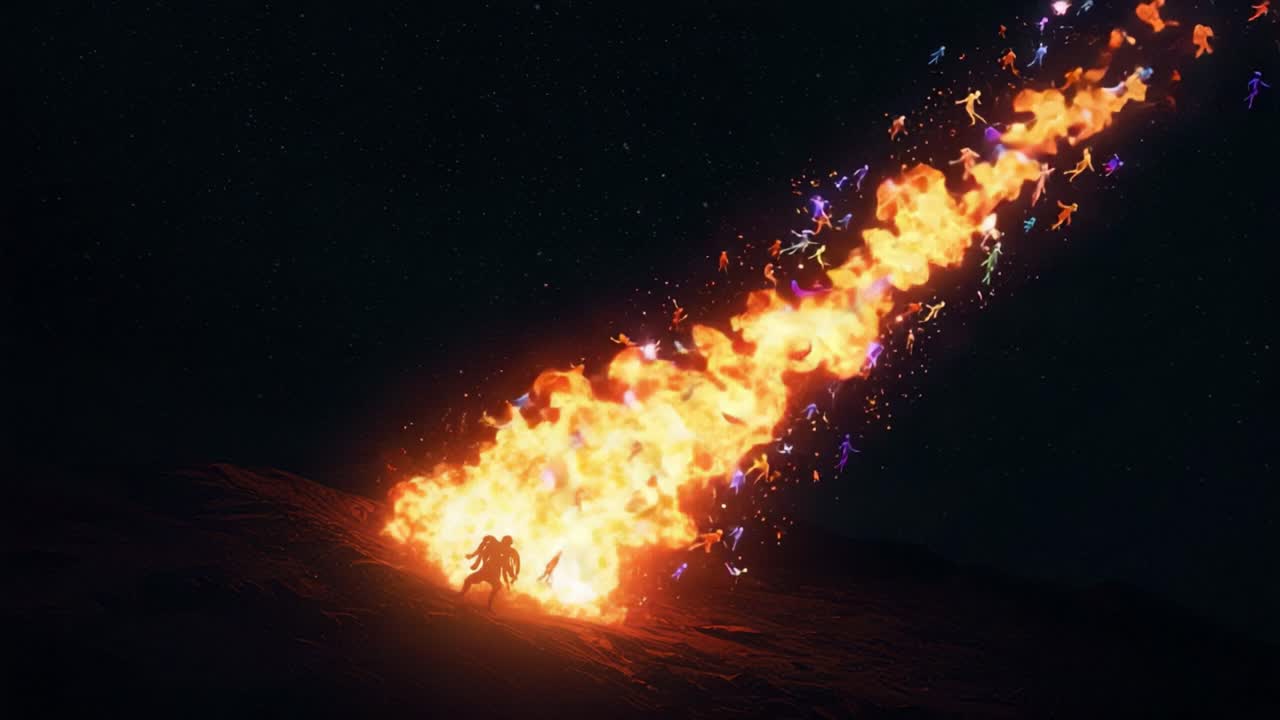 A cosmic eruption unleashes vibrant figures amidst an explosive fire trail, demonstrating the intersection of chaos and creation in a surreal celestial landscape