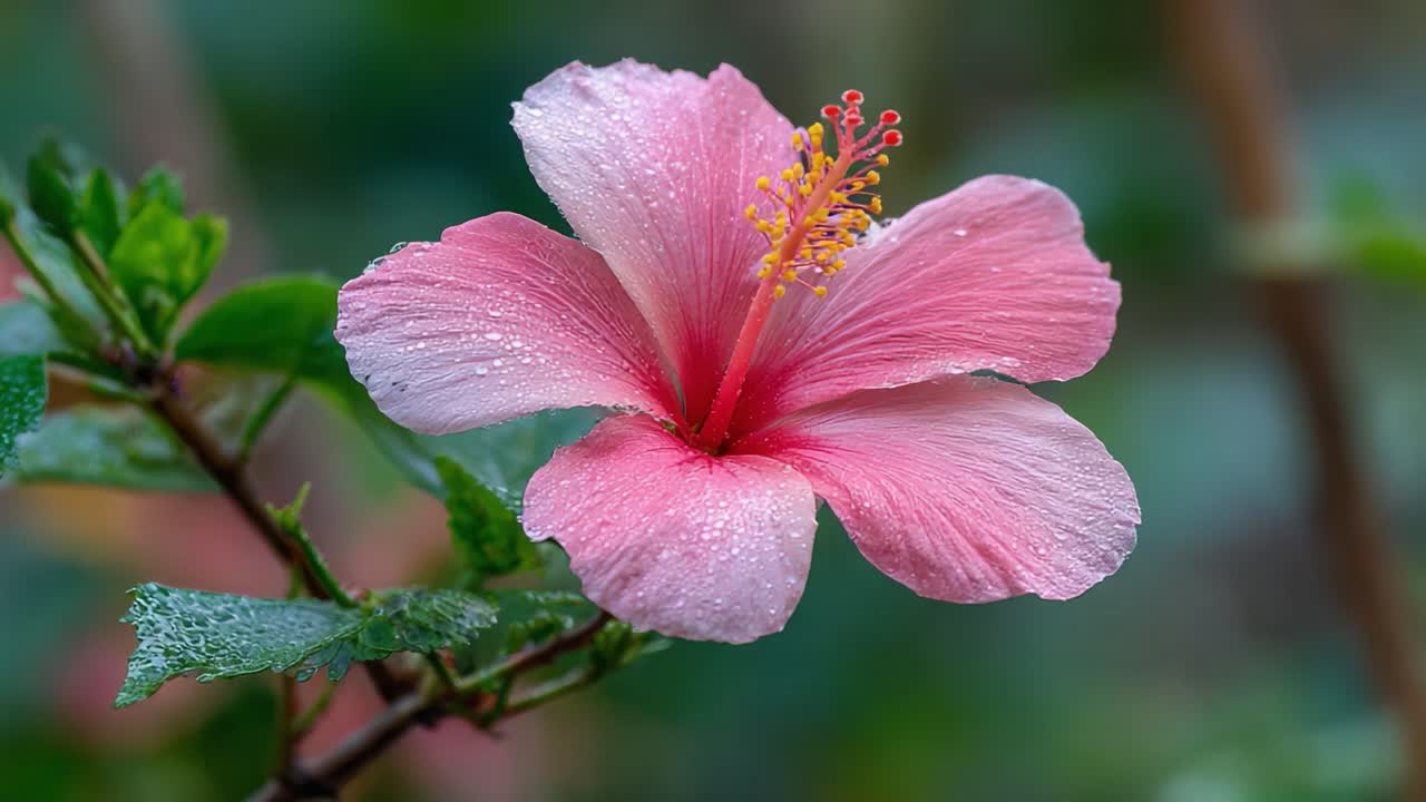 Primo piano di un bellissimo fiore di ibisco rosa con gocce di rugiada, che mostra i suoi delicati petali e colori vivaci su uno sfondo verde lussureggiante