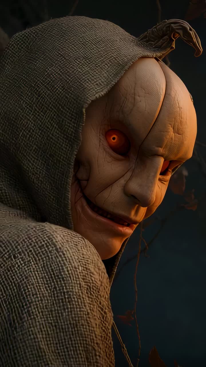 Vertical video: Rotating puppet turning toward camera in night forest, burlap hood, dry branches