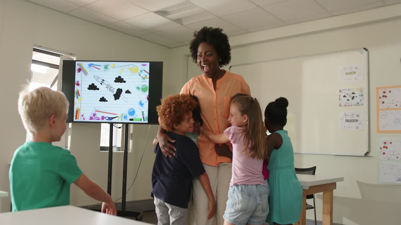 Teacher and students in classroom pointing at screen, child running in, children hugging for hug