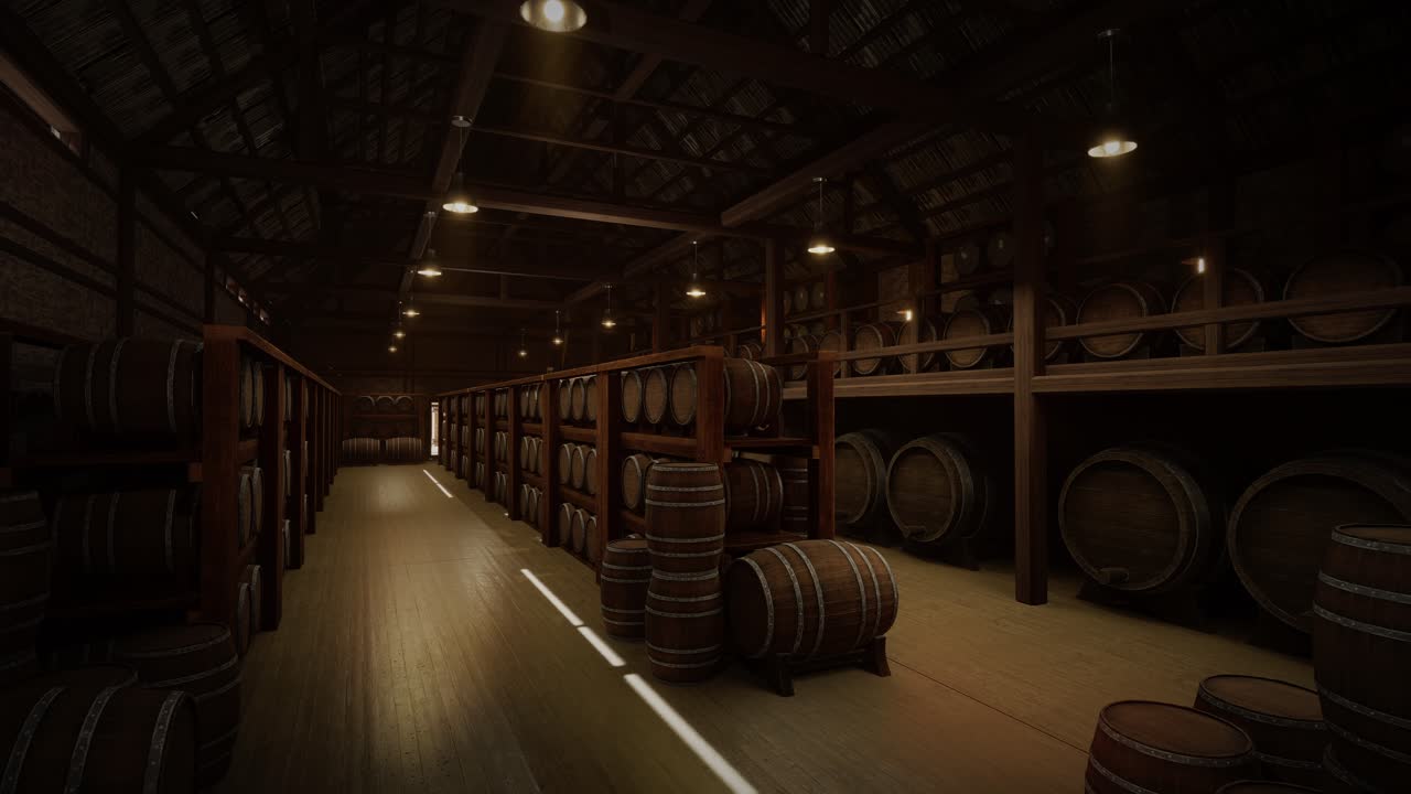 almacenamiento de barriles de vino en la bóveda de vinos. barriles de coñac, vino o whisky. barrilles de vino de roble de madera. almacén de alcohol