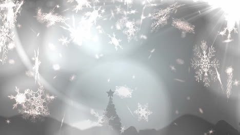 animación de la nieve de navidad cayendo sobre las decoraciones de navidad sobre un fondo gris