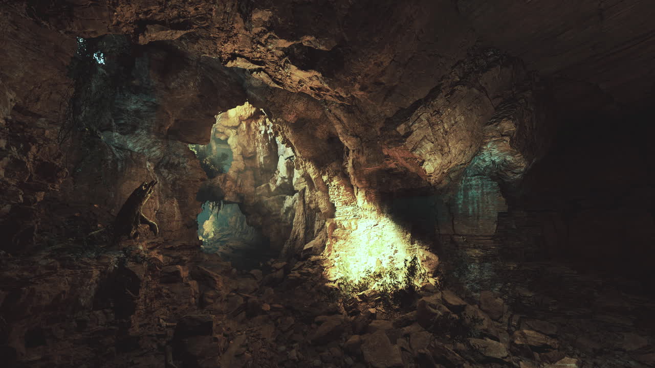 Exploring a mystical underground cave with shimmering water and rock formations