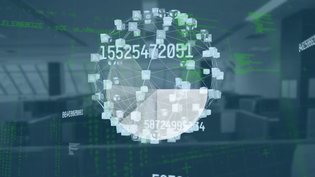 Animation of numbers changing and globe with network of connections over empty office