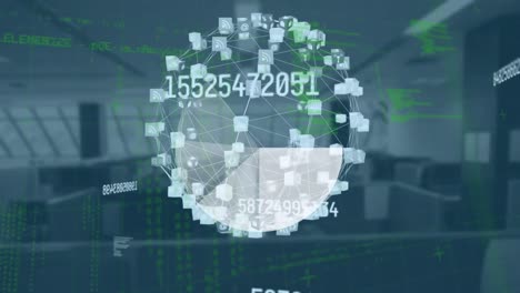 animación de números cambiantes y globo con red de conexiones sobre la oficina vacía