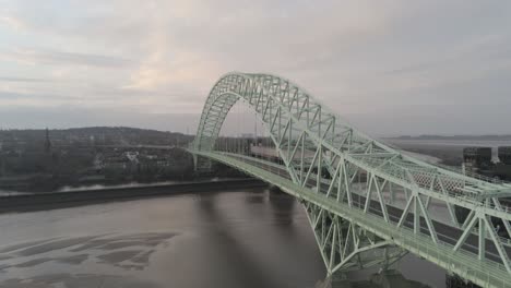 runcorn silver jubilee bridge aerial view at sunrise