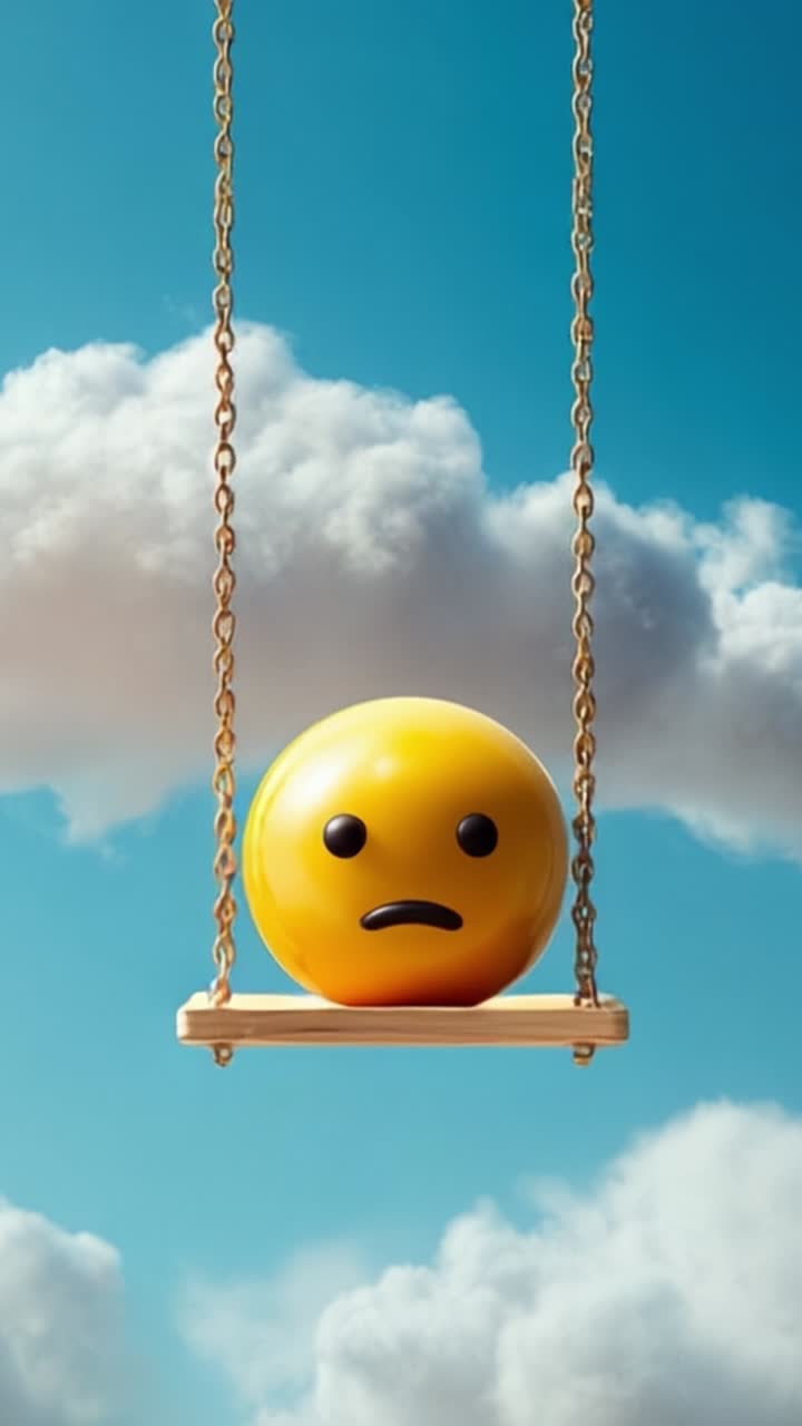 En fantasifuld gynge scene med en trist gul emoticon, der formidler dybe følelser med sin sure mine midt i en lys himmel og bløde hvide skyer, der repræsenterer melankoli