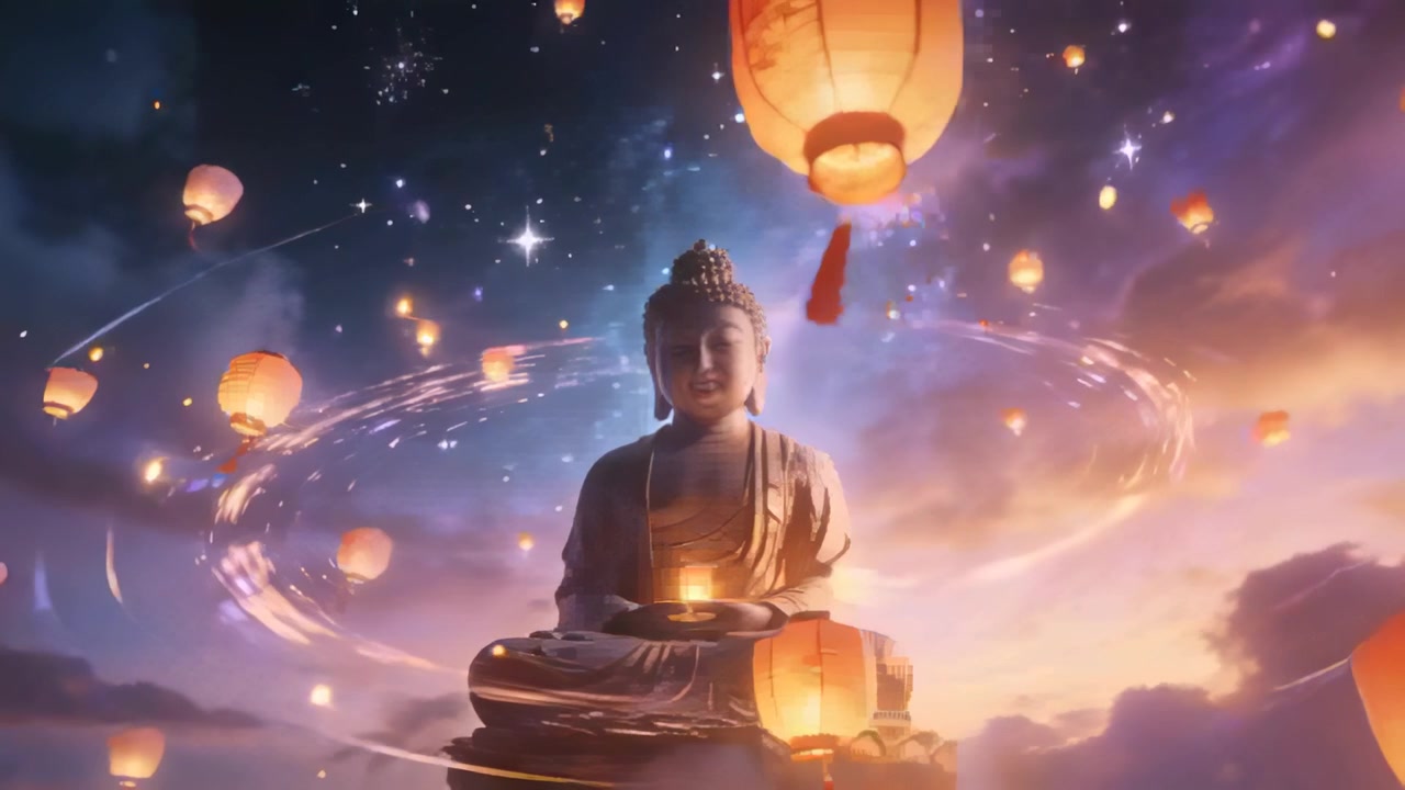Những chiếc đèn lồng trôi nổi đang đến gần, bao quanh tượng Phật tỏa sáng trên bệ, với ánh sáng xoắn ốc rực rỡ.