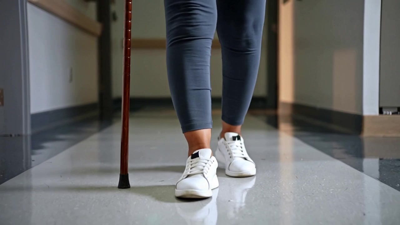 Una persona che indossa leggings e scarpe da ginnastica posa un bastone marrone e fa passi fermi lungo il corridoio per mantenere l'equilibrio.