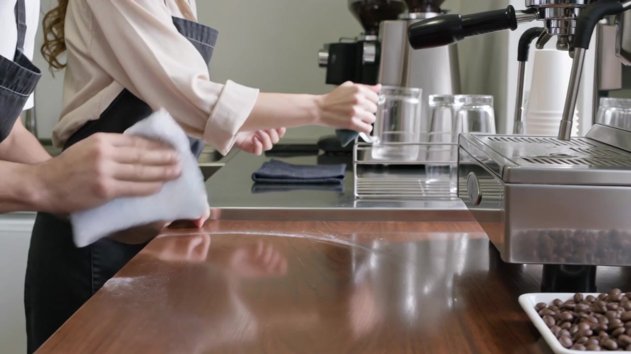 Baristi in grembiule si preparano per il servizio, pulendo il bancone e lucidando i bicchieri vicino alla macchina del caffè.