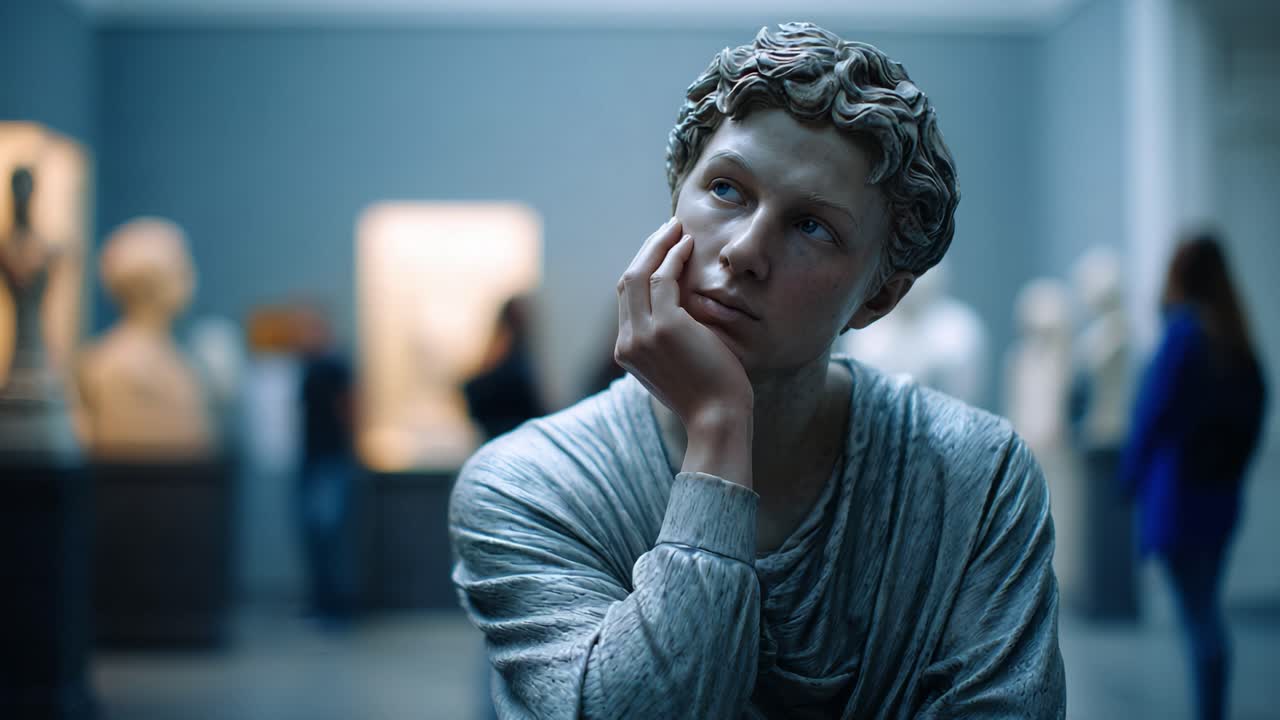 Escultura Pensativa na Galeria: uma figura pensativa reflete em meio à arte em um cenário de museu cativante