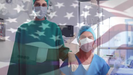 Animation-of-flag-of-usa-waving-over-surgeons-in-face-masks