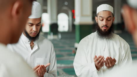 faith, islamic or men in a mosque for praying