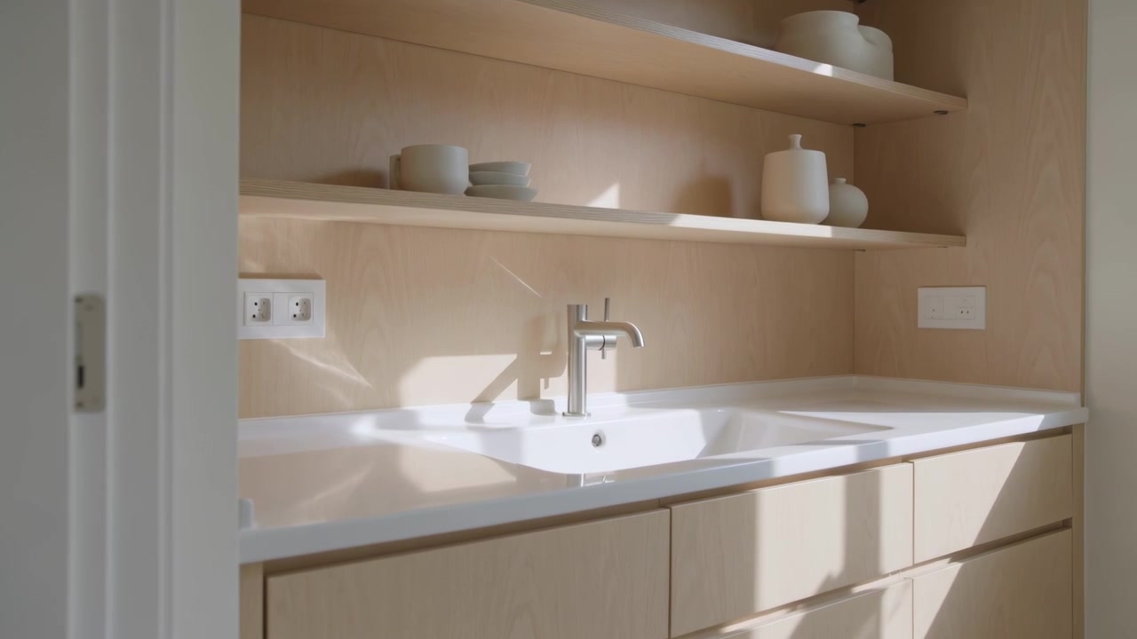 Shifting sunlight moving across sink and chrome tap in powder room lighting shelves from sun shift