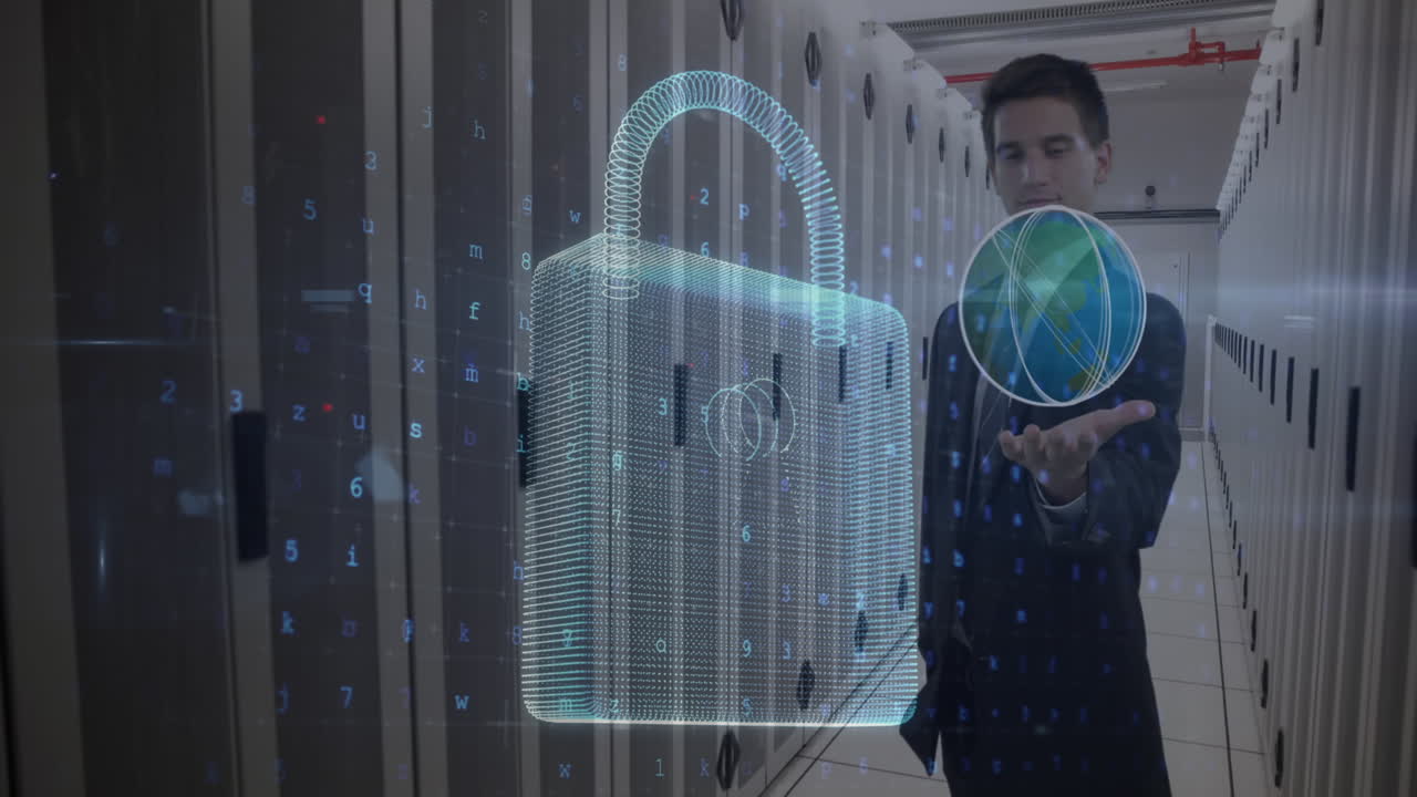 animación de un candado digital y un hombre caucásico mostrando la mano abierta frente a los servidores