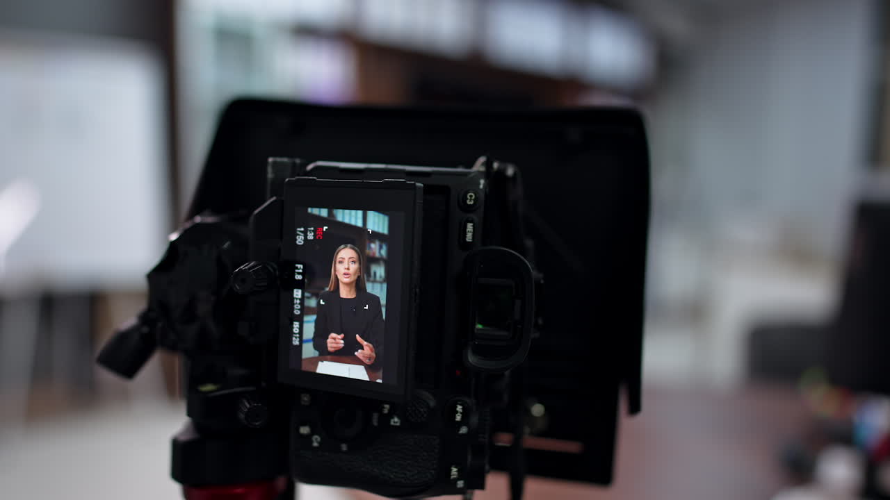 Close look at the display of a professional camera recording a video. Close up. Woman blogger speaks at blurred backdrop.