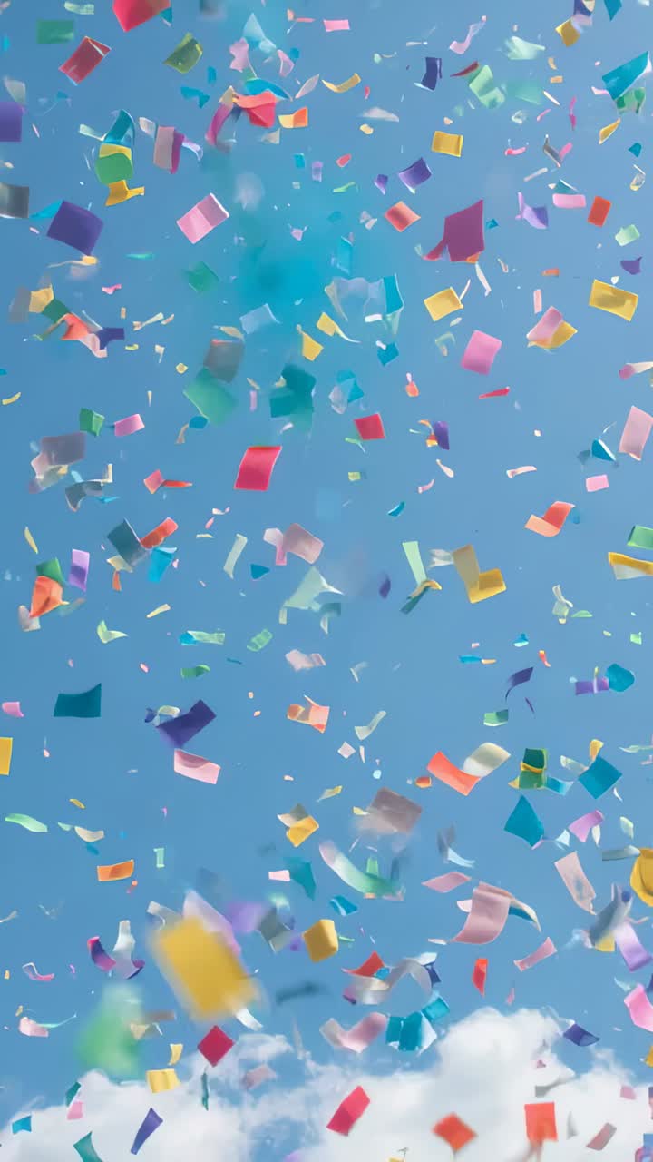 Vertical video: Releasing multicolored confetti falling downward against blue sky, cloud bank below