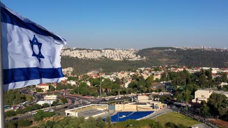 jerusalem landscape with israel flag, aerial view