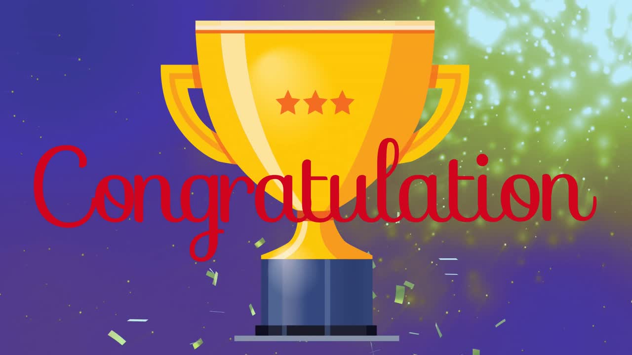 animación de confeti, copa de oro y felicitaciones sobre fondo azul