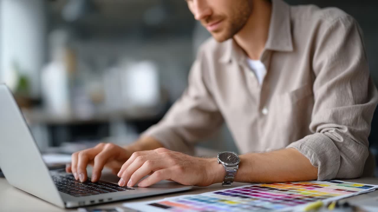 Fokuseret designer arbejder på bærbar computer omgivet af farveprøver, engageret i kreativ designproces for digitale projekter