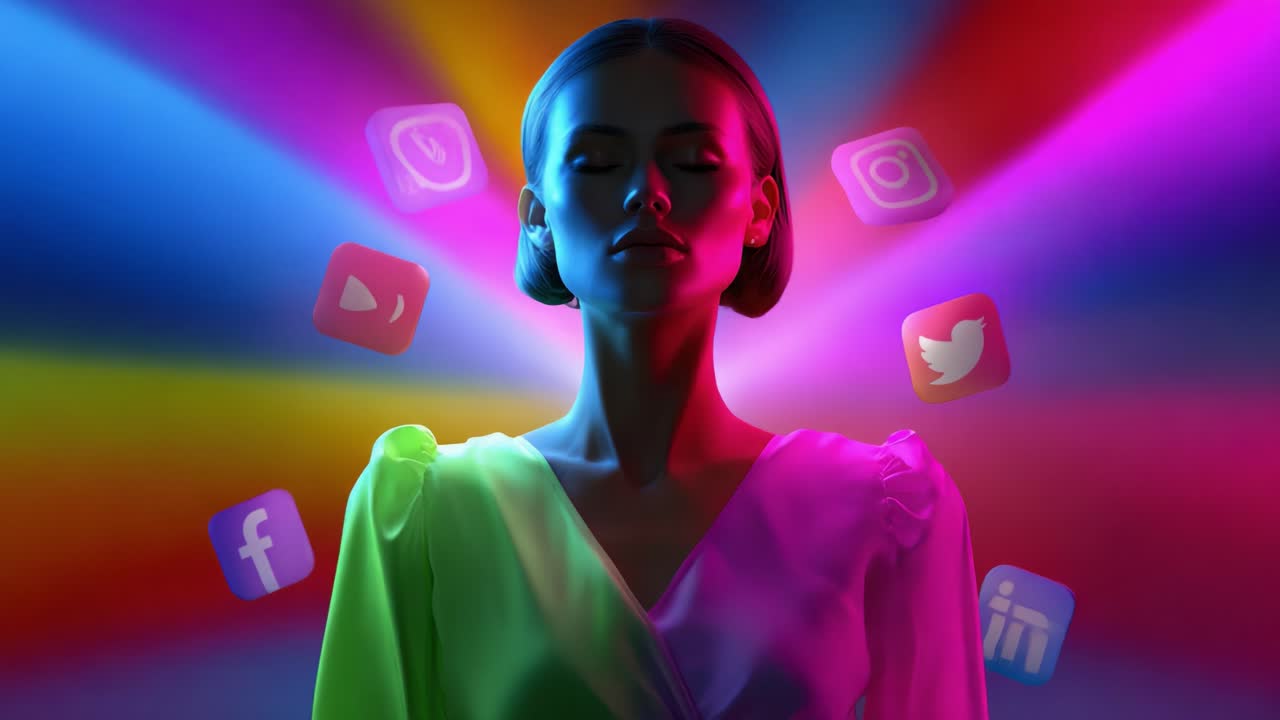 A Blissful Journey into the Digital Age: Capturing the Essence of Connection and Social Media Influence through Vibrant Colors and a Serene Presence