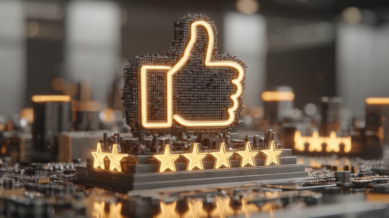A Glorious Display of Approval: The Iconic Thumbs Up Symbol Shines Brightly Among Five Golden Stars, Celebrating Excellence and Positive Feedback in Digital Environments