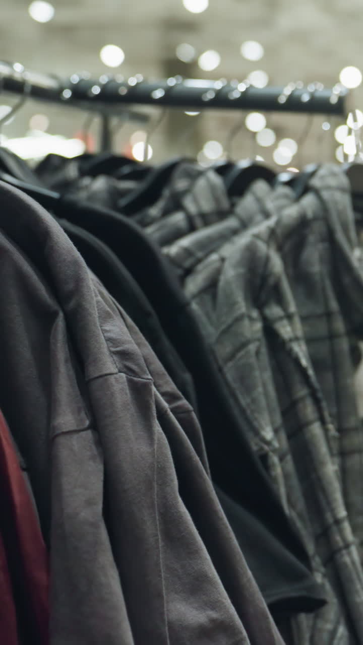 tienda de ropa que muestra una variedad de ropa en colgadores, incluidas camisas y chaquetas, con un fondo borroso. capturado con una cámara de mano, el video destaca la exhibición organizada