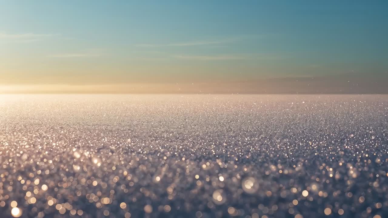 日の出時にカメラの焦点を合わせ、近くのボケを縮小し、光る氷と水平線を映し出す。