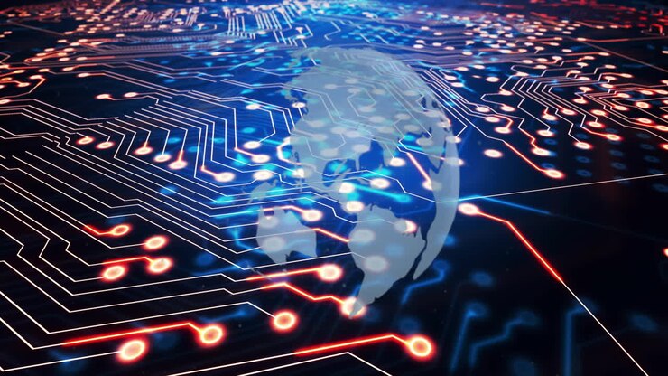 Circuit board with glowing connections and globe animation
