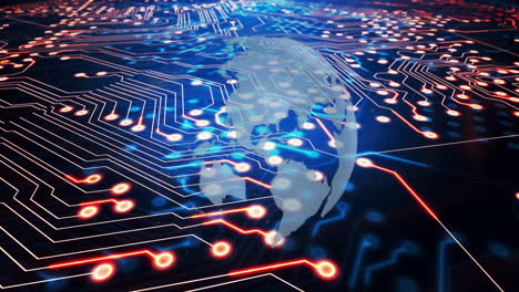 circuit board with glowing connections and globe animation