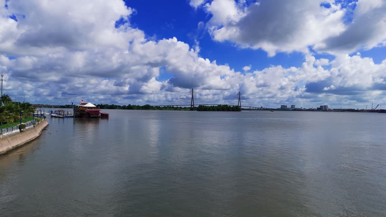 Aerial View Dolly of the River and the Bridge in Can Tho.