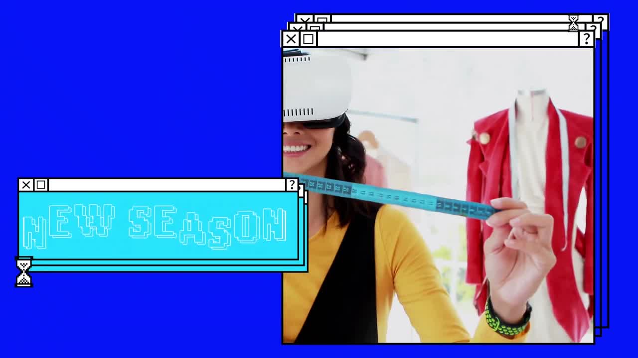 vr 헤드 ⁇ 에서 미소 짓는 여성 패션 디자이너와 함께 쌓인 창문에서 새로운 시즌 텍스트의 애니메이션