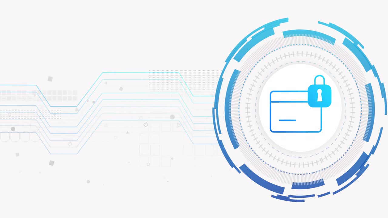 animación de la red de conexiones y tarjeta de crédito con candado sobre fondo blanco