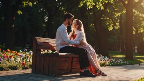 romantic video scene of a couple on a park bench, captured from a low angle with soft sunlight