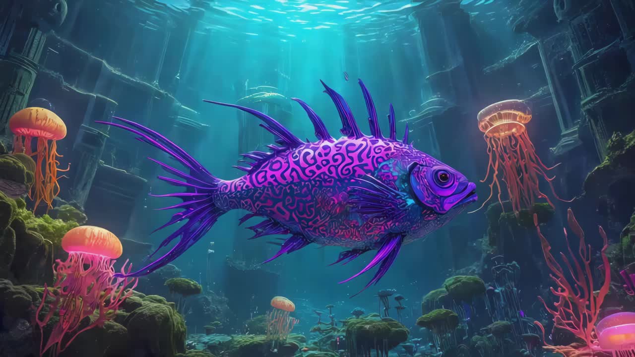 Underwater scene with a decorative purple fish and jellyfish