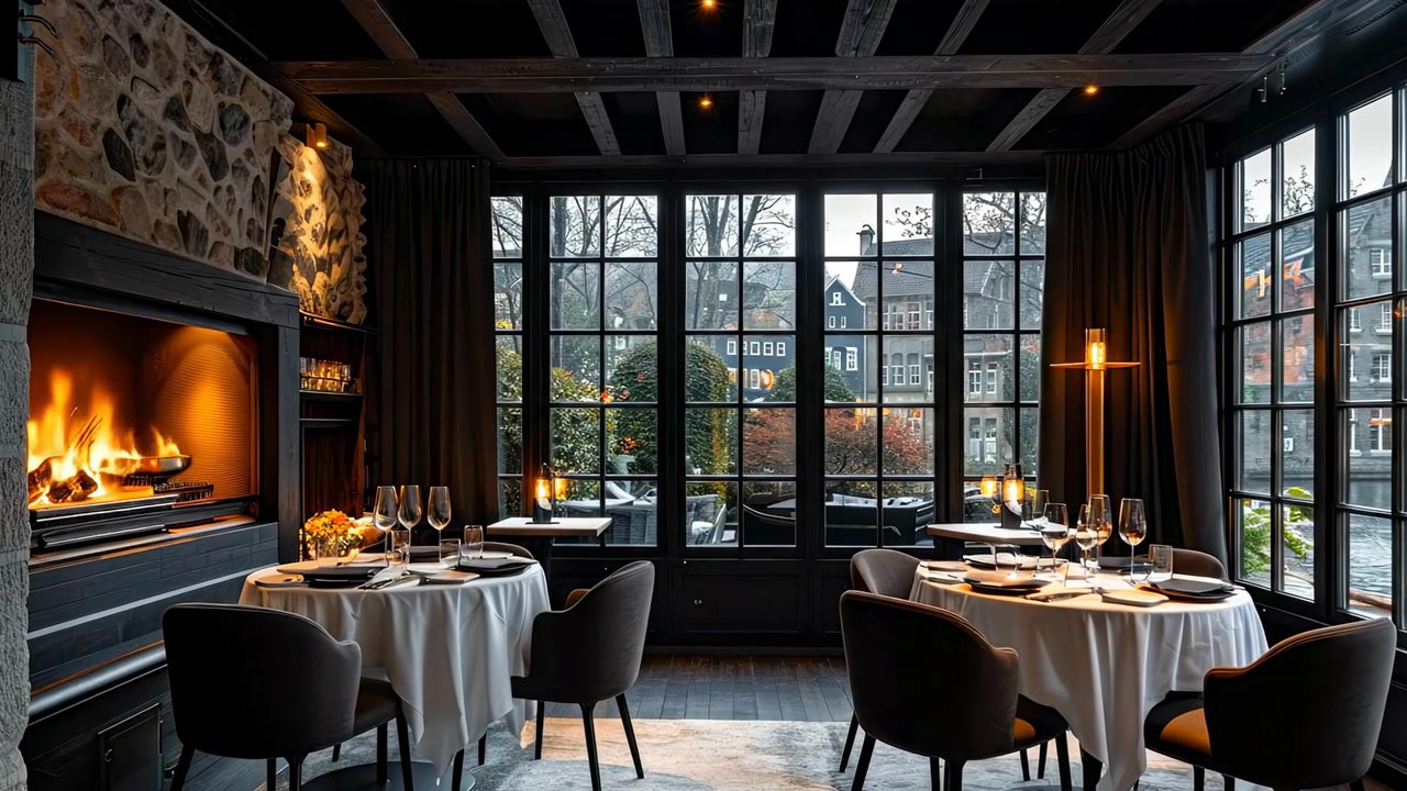 Luksusrestaurantens spisestueinteriør med brændende pejs og store vinduer. Mørkt træinteriør i en restaurant med runde borde, hvide duge, brændende pejs og vinduesudsigt.