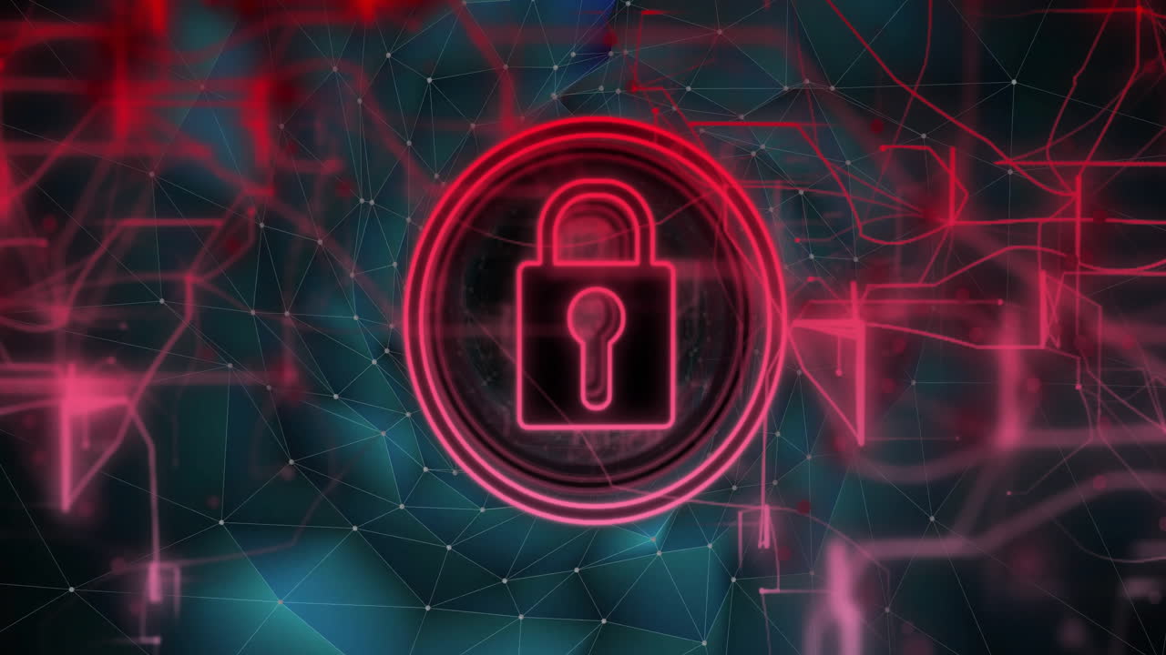 icono de bloqueo y conexiones de red, animación de seguridad de datos sobre fondo abstracto