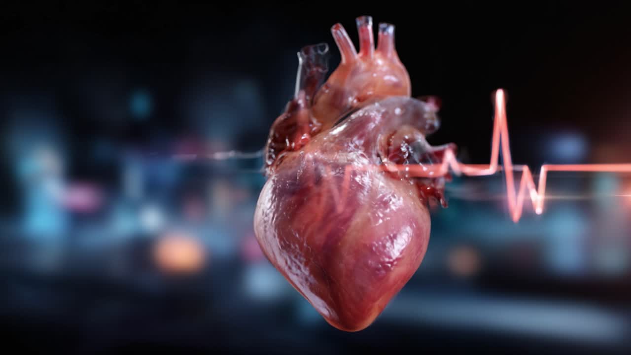 A Detailed Visualization of the Human Heart in Motion, Showcasing Its Structure and Function Accompanied by an EKG Line in a Modern Medical Context