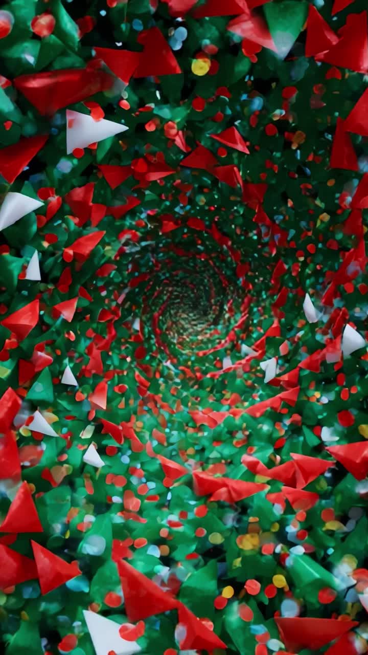 A Mesmerizing Spiral of Colorful Shapes and Patterns, Drawing the Eye into a Euphoric Whirlwind of Red, Green, and White, Creating a Vivid Visual Experience Filled with Swirling Energy and Joy