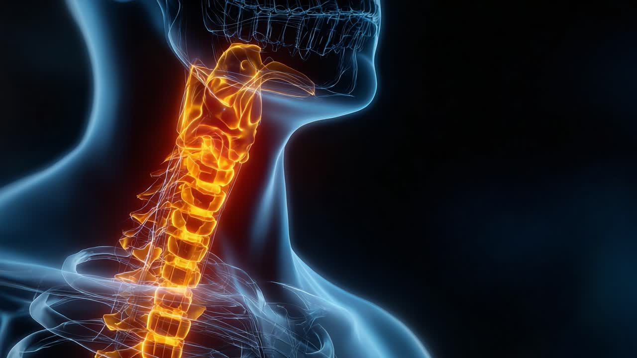 Uno sguardo più approfondito all'anatomia della colonna vertebrale e del collo umano: visualizzazione dettagliata degli elementi cervicali illuminati tramite tecniche di imaging avanzate.