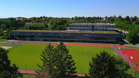 mistelbach, niederösterreich, austria - a cluster of schools in one location - aerial pan right