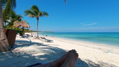 gorgeous tilting up shot of a tropical tourist resort beach with palm trees and white sand on the beautiful playa del carmen in riviera maya, mexico near cancun on a summer day on vacation