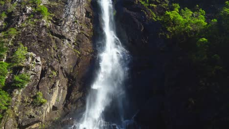 waterfall in australia, rich green colours lit by morning sun, water crashing on the rocks