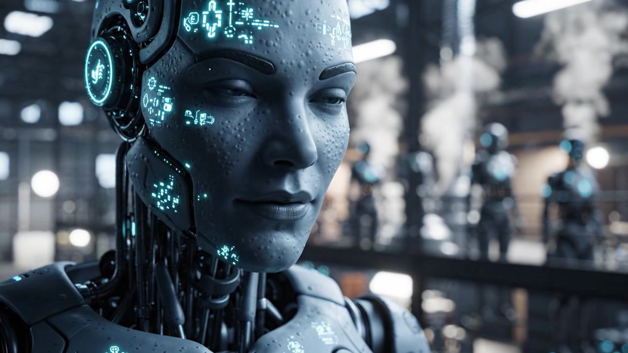 An Advanced Humanoid Robot with Futuristic Technology and Intricate Design, Highlighting Artificial Intelligence in a High-Tech Environment